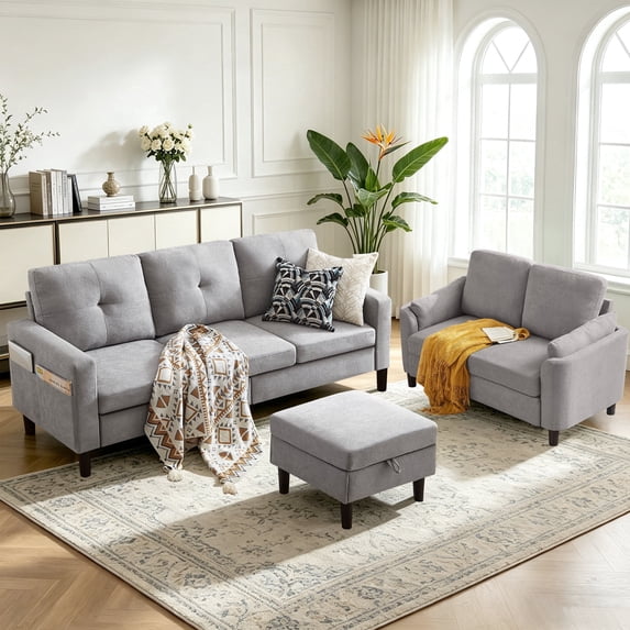 Pingliang Home Living Room Furniture Set,Sectional Sofa Couch with Storage Ottoman and Loveseat,3 Seater L-shaped Sofa and 2 Seater Couch for Home Apartment Studio Office