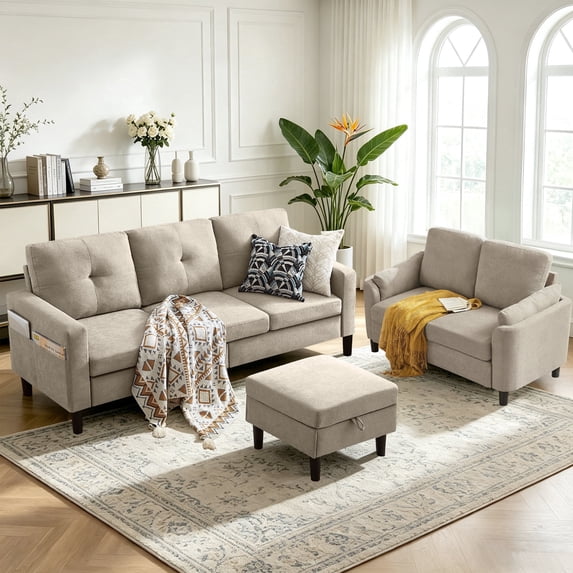 Pingliang Home Living Room Furniture Set,Sectional Sofa Couch with Storage Ottoman and Loveseat,3 Seater L-shaped Sofa and 2 Seater Couch for Home Apartment Studio Office