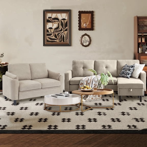 Pingliang Home Living Room Furniture Set,Sectional Sofa Couch with Storage Ottoman and Loveseat,3 Seater L-shaped Sofa and 2 Seater Couch for Home Apartment Studio Office