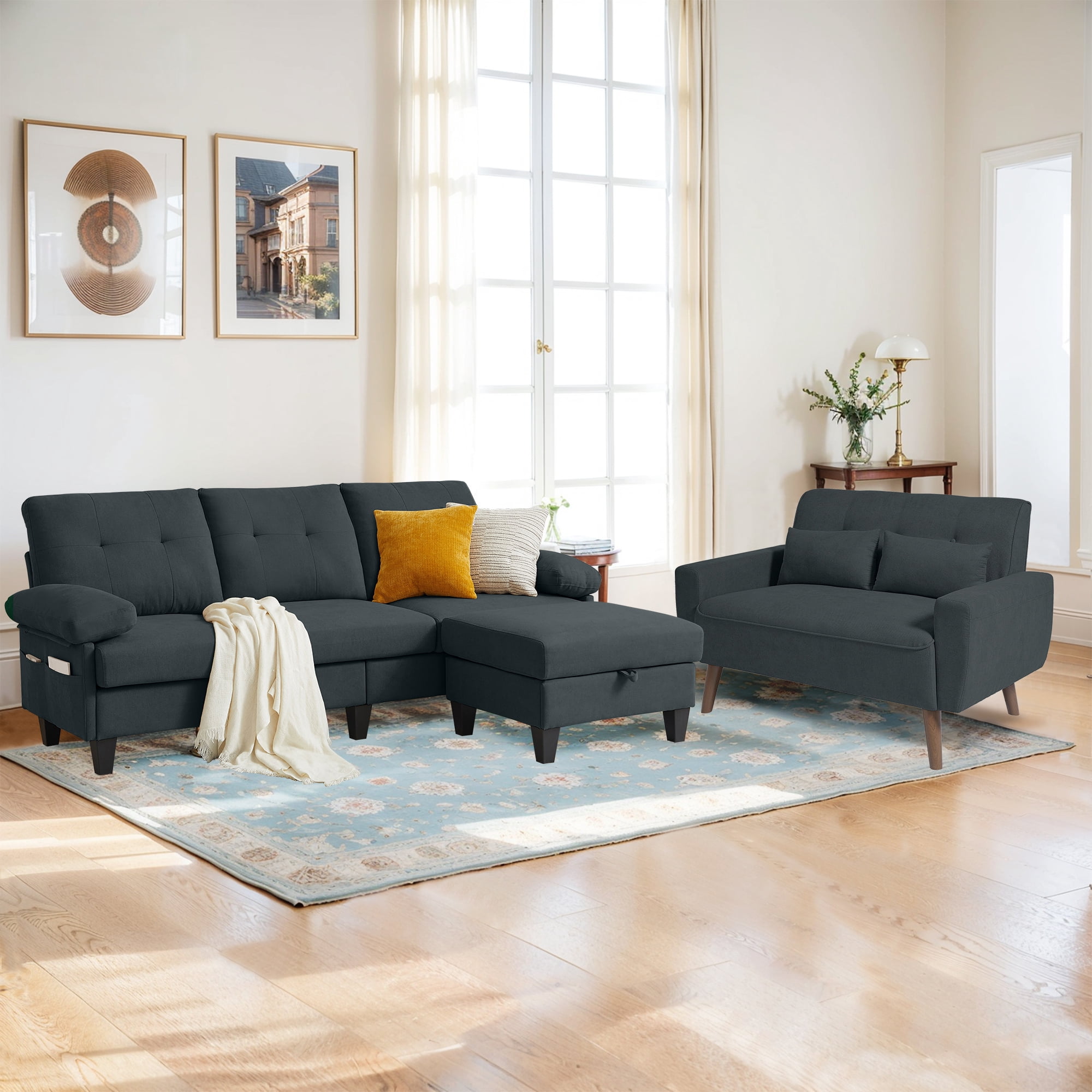 Pingliang Home Living Room Furniture Set Sectional Sofa with Storage Ottoman and Loveseat, 3 Seat L Shaped Couch with Side Pockets and 2 Seat Small Sofa, for Home Apartment Office Studio