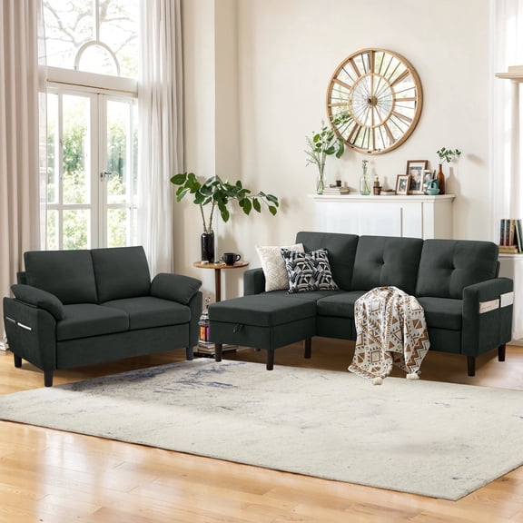 Pingliang Home Living Room Furniture Set,Sectional Sofa with Storage Ottoman and Loveseat,Modern 3 Seat Couch L Shaped Sofa with Storage Pockets,Modern 5 Seater Set for Living Room Apartment APT
