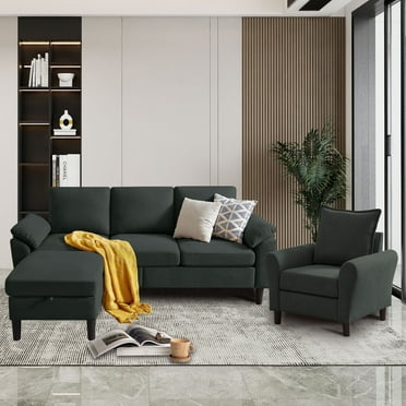 Pingliang Home Furniture Sofa Set,Sectional Sofa with Storage Ottoman & Side Pockets & Accent Chair,3 Seat L Shaped Couch with Single Armchair & Reversible Footstool for Living Room Apartment Office