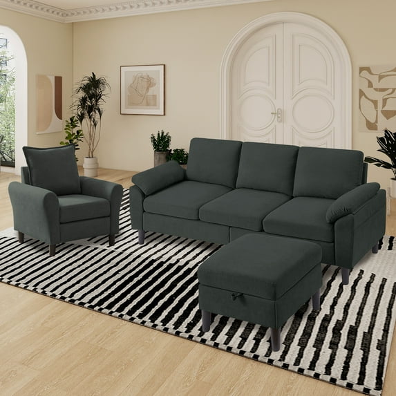 Pingliang Home Living Room Sectional Sofa with Storage Ottoman and Accent Chair,Single Chair Armchair and 3 Seat L Shaped Couch with Side Pockets for Home Apartment Office Studio