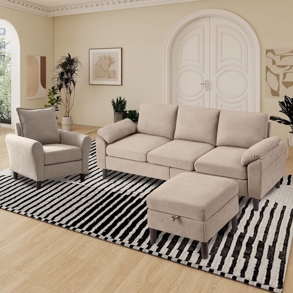 Pingliang Home Living Room Sectional Sofa with Storage Ottoman and Accent Chair,Single Chair Armchair and 3 Seat L Shaped Couch with Side Pockets for Home Apartment Office Studio