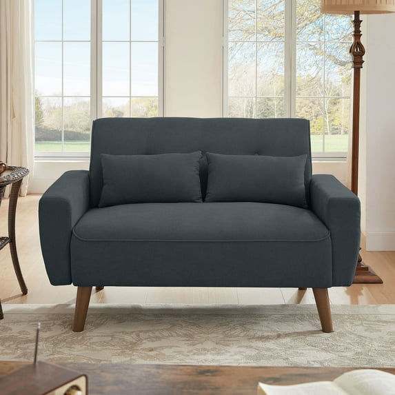 Pingliang Home Loveseat Small Sofa 2 Seater Sofa Couch with 2 Pillows, Modern Linen Fabric Love Seat for Apartment Bedroom Living Room Small Space Office Studio,Dark Gray