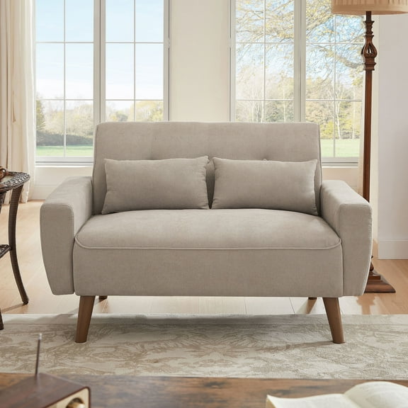 Pingliang Home Loveseat Small Sofa 2 Seater Sofa Couch with 2 Pillows, Modern Linen Fabric Love Seat for Apartment Bedroom Living Room Small Space Office Studio,Beige