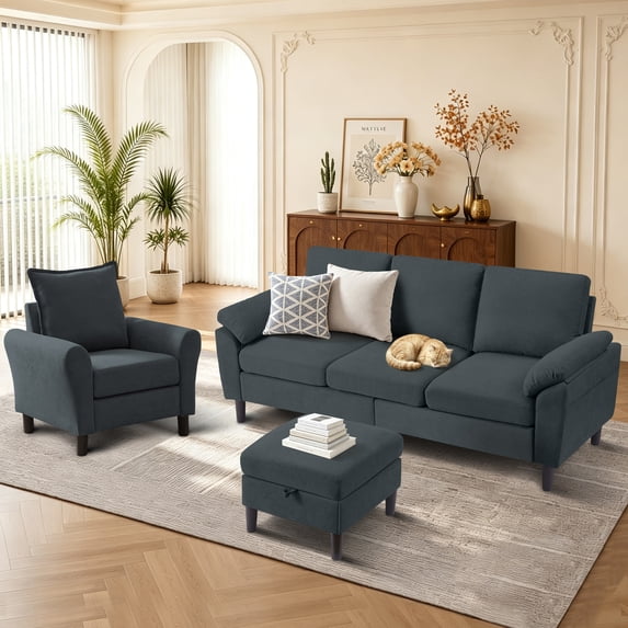 Pingliang Home Living Room Furniture Set,Sectional Sofa and Accent Chair,3 Seat L Shaped Couch with Reversible Storage Ottoman and Armchair, for Living Room Office Apartment Studio