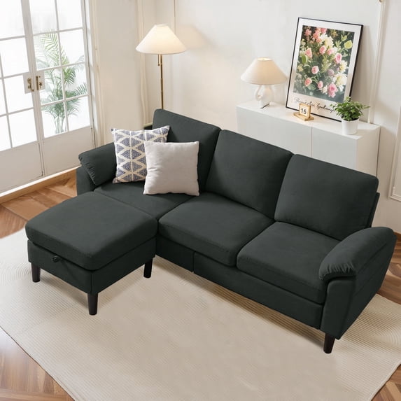 Pingliang Home 80" Sectional Sofa Couch,L Shaped 3 Seat with Reversible Storage Ottoman and Side Pockets, Modern Polyester Fabric Sofa Couches for Living Room Apartment Office Studio Small Space