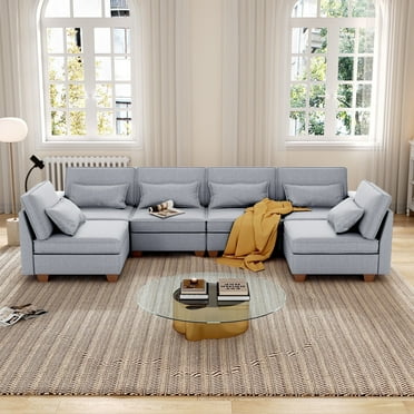 Pingliang Home Modular Sectional Sofa with Storage, Throw Pillows, and Phone Holder, Light Gray