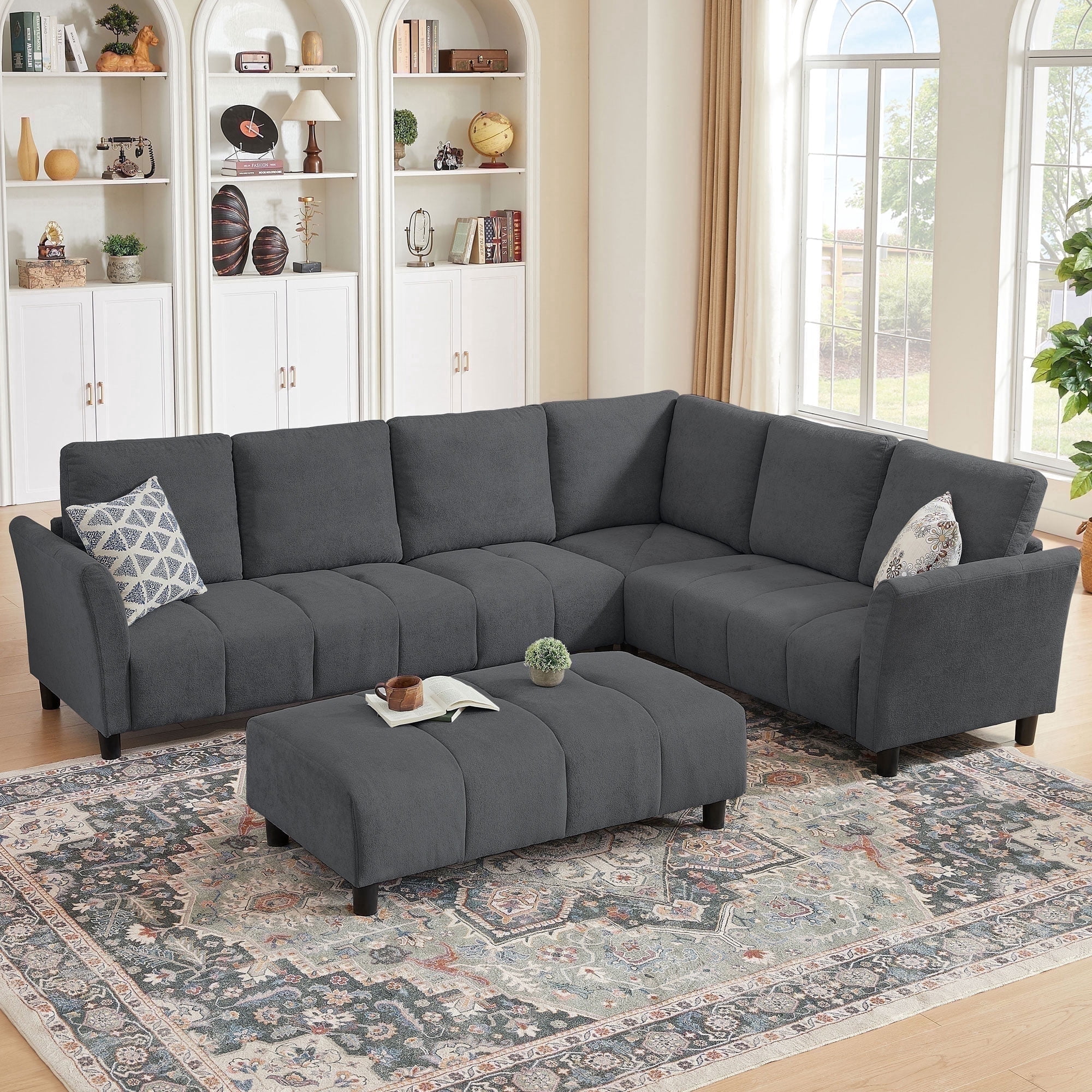 Pingliang Home 102" Convertible Sectional Sofa with Long Ottoman,Upholstered Oversized Modern 6 Seat L Shaped Couch Corner Sofa with Back Cushions for Living Room Apartment Office Studio