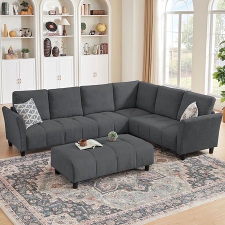 Pingliang Home 102" Convertible Sectional Sofa with Long Ottoman,Upholstered Oversized Modern 6 Seat L Shaped Couch Corner Sofa with Back Cushions for Living Room Apartment Office Studio