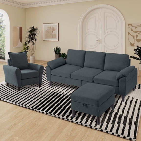 Pingliang Home Living Room Sectional Sofa with Storage Ottoman and Accent Chair,Single Chair Armchair and 3 Seat L Shaped Couch with Side Pockets for Home Apartment Office Studio