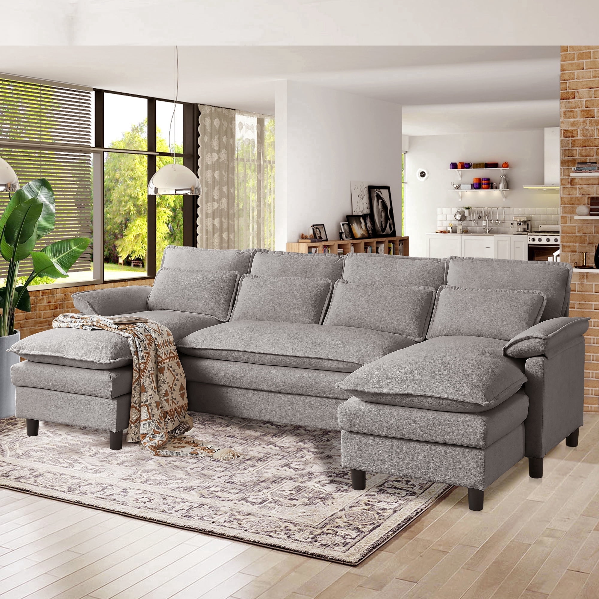 Pingliang Home Oversized U Shaped Couch,4 Seat Sectional Sofa with 4 Pillows,Upholstered Symmetrical Cloud Couch with Double Chaise,Wrap Around Sofa Modular sofa for Living Room Apartment Office