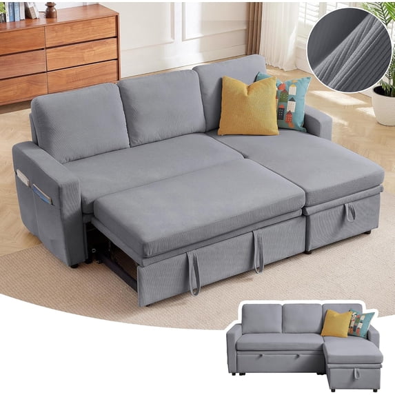 Pingliang Home Pull Out Sleeper Sectional Sofa Bed with Storage Chaise, Convertible L Shaped Couch with Side Pockets,Modern Linen Reversible Sofa Couch for Living Room Apartment Office Studio