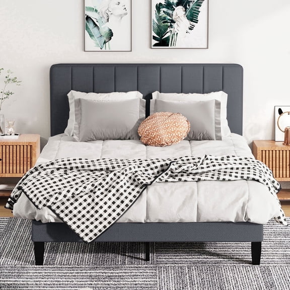 Pingliang Home Queen Size Bed Frame with Adjustable Upholstered Headboard&Wood Slats Support,Gray