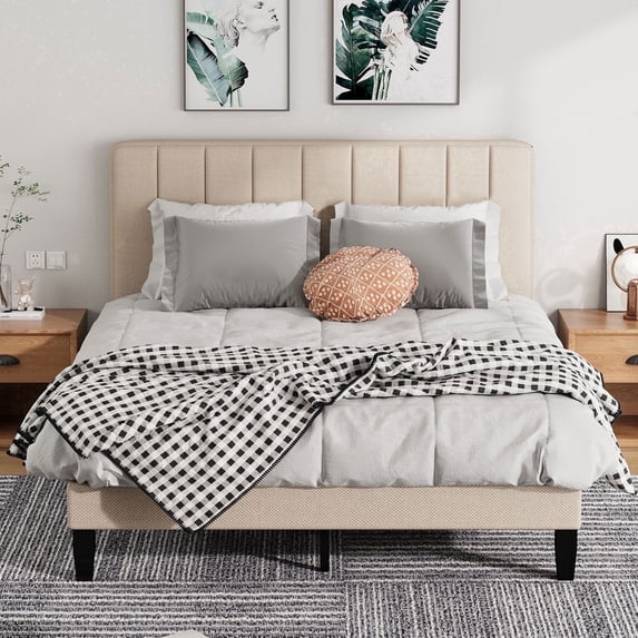 Pingliang Home Queen Size Bed Frame with Adjustable Upholstered Headboard&Wood Slats Support,Beige