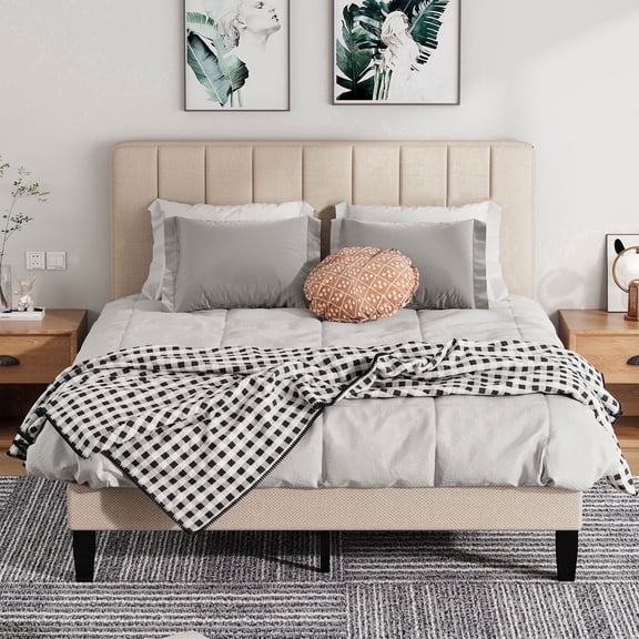 Pingliang Home Queen Size Bed Frame with Adjustable Upholstered Headboard&Wood Slats Support,Beige