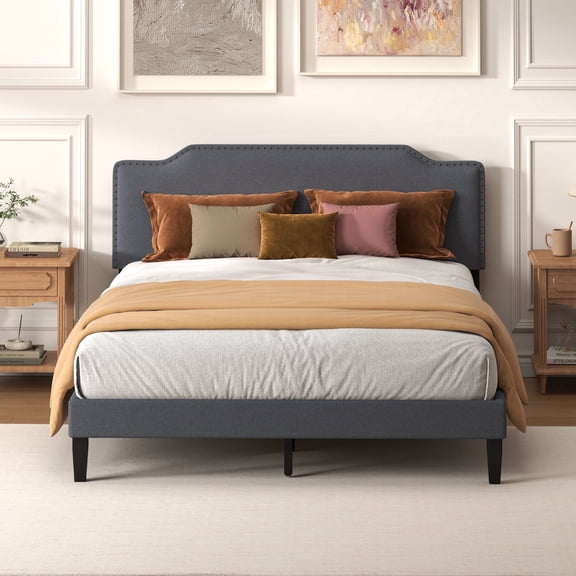 Pingliang Home Queen Size Bed Frame with Adjustable Headboard, Rivet Decoration Upholstered Headboard, Easy to Assemble, Noise Free,Dark Gray