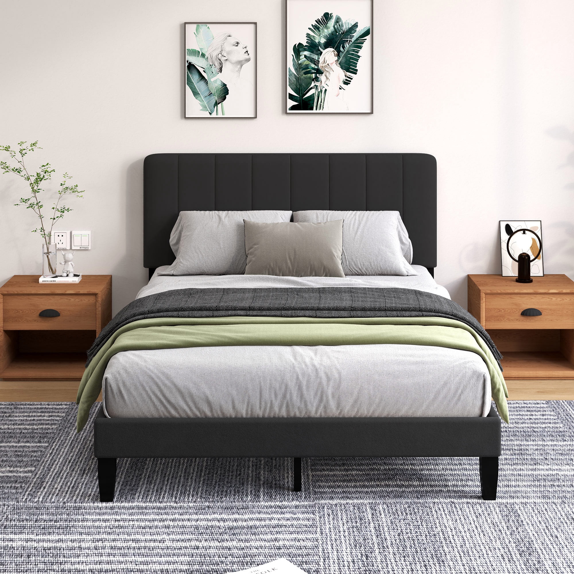 Pingliang Home Queen Size Bed Frame with Adjustable Upholstered Headboard&Wood Slats Support,Black
