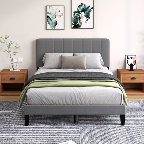 Pingliang Home Queen Size Bed Frame with Adjustable Upholstered Headboard&Wood Slats Support,Gray