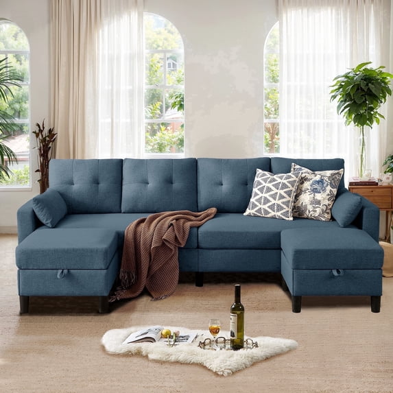 Pingliang Home Sectional Sofa Couch with 2 Ottomans,U Shaped 4 Seater Sofa Couch with Storage Ottomans and Side Pockets, Oversized Modern Linen Sofa Couch for Living Room Apartment Apt Office Studio
