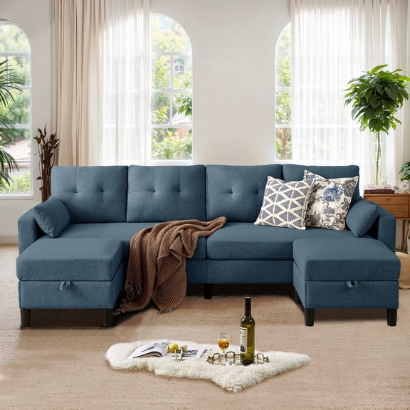 Pingliang Home Sectional Sofa Couch with 2 Ottomans,U Shaped 4 Seater Sofa Couch with Storage Ottomans and Side Pockets, Oversized Modern Linen Sofa Couch for Living Room Apartment Apt Office Studio