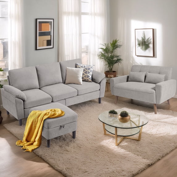 Pingliang Home Sectional Sofa Furniture Set, L Shaped Couch with Storage Ottoman & Loveseat with 2 Throw Pillows, Modern Linen 3 Seat Sofa and 2 Seat Couch for Living Room Apartment Office Studio
