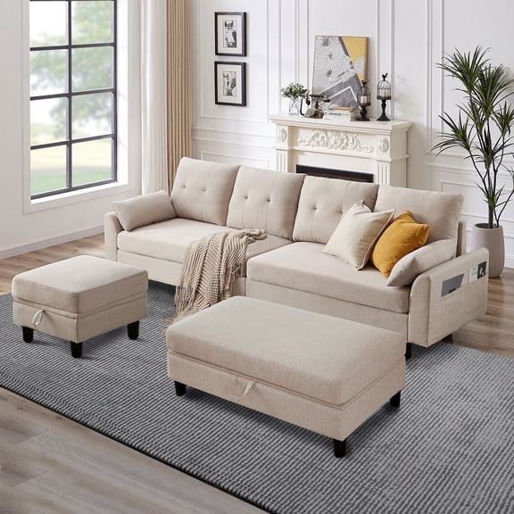 Pingliang Home Sectional Sofa with 2 Storage Ottomans,L Shaped 4 Seat Sofa Couch with Coffee Table Ottoman,Modern Linen Sofa for Living Room,Apartment,Office,Studio,Beige
