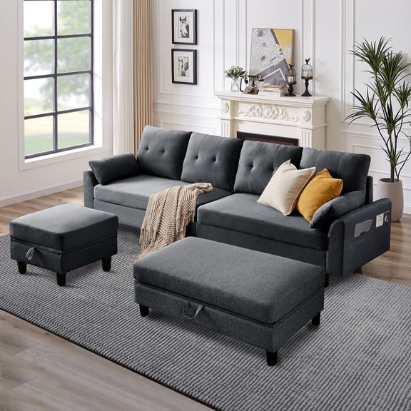 Pingliang Home Sectional Sofa with 2 Storage Ottomans,L Shaped 4 Seat Sofa Couch with Coffee Table Ottoman,Modern Linen Sofa for Living Room,Apartment,Office,Studio,Dark Gray