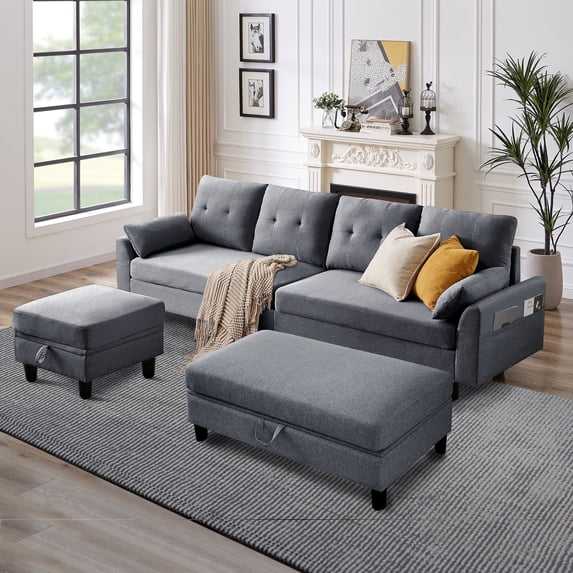 Pingliang Home Sectional Sofa with 2 Storage Ottomans,L Shaped 4 Seat Sofa Couch with Coffee Table Ottoman,Modern Linen Sofa for Living Room,Apartment,Office,Studio,Light Gray