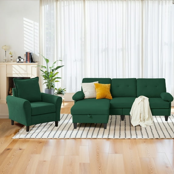 Pingliang Home Sectional Sofa with Storage Ottoman and Accent Chair, 3 Seat L Shaped Couch with Side Pockets and Armchair,Living Room Furniture Set for Home Apartment Office Studio