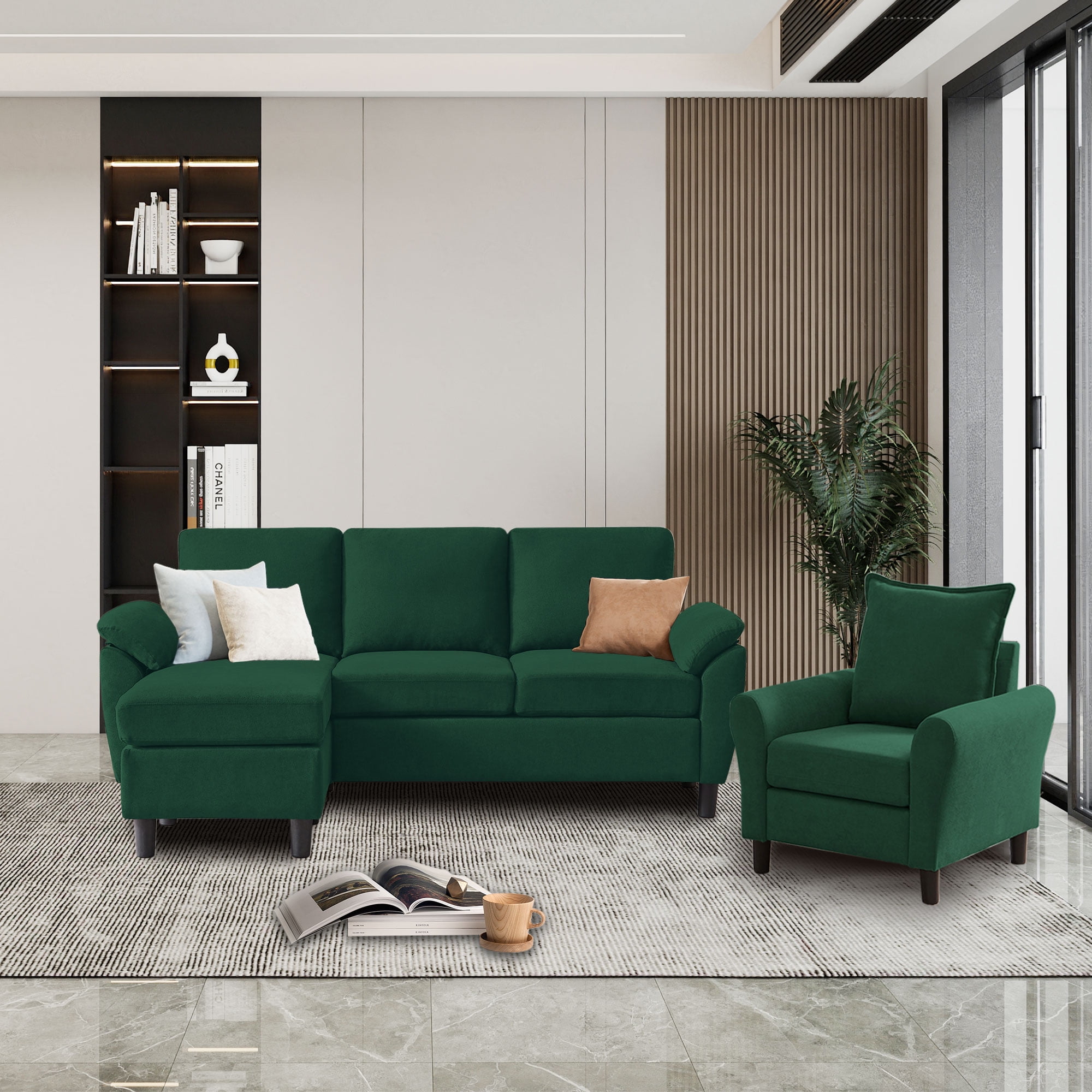 Pingliang Home Sofa Set of 79.5" Convertible Sectional Sofa & Accent Chair, L-shaped 3 Seat Couch with Reversible Ottoman, Modern Linen Sofa Couch for Living Room,Office,Apartment
