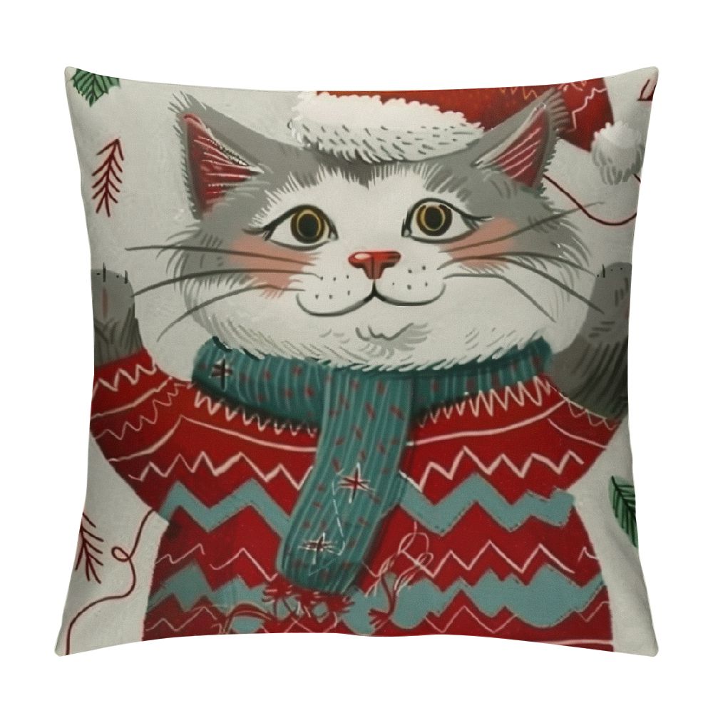 Pingxixi Christmas cat Throw Pillow Cover Cartoon Cute Orange Linen