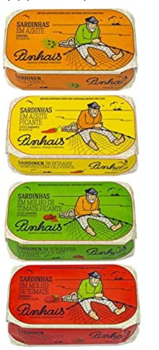 Pinhais Canned Sardines Variety Pack 4.4 oz- Virgin Olive Oil Regular (1), Virgin Olive Oil Spicy (1), Tomato Sauce Regular (1) and Tomato Sauce Spicy (1) (Pack of 4) Bonus mints  included!
