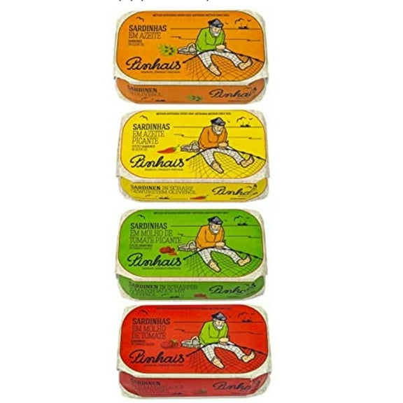 Pinhais Canned Sardines Variety Pack 4.4 oz- Virgin Olive Oil Regular (1), Virgin Olive Oil Spicy (1), Tomato Sauce Regular (1) and Tomato Sauce Spicy (1) (Pack of 4) Bonus mints included!
