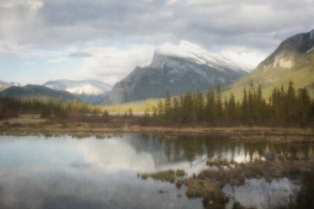 Pinhole style of mount rundle reflecting in vermillion lakes at banff national park banff alberta canada Canvas Art - Roberta Murray Design Pics (19 x 12)