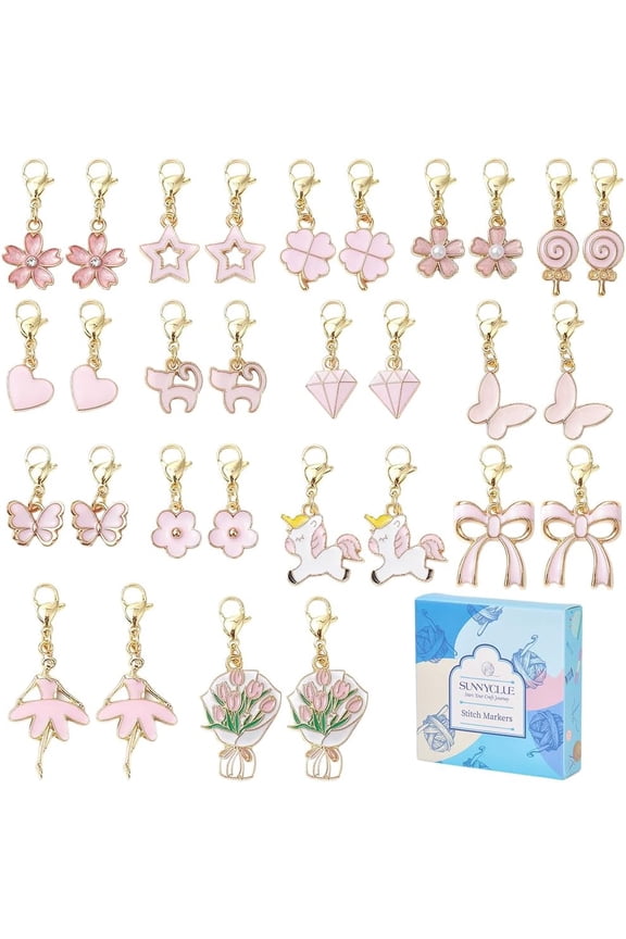 Pink 1 Box 30Pcs 15 Styles Stitch Marker Crochet Stitch Charms Enamel Alloy Cute Pink Coquette Clover Flower Lobster Claw Clasps Charm for Weaving Quilting Sewing Knitting DIY Crafts Adult