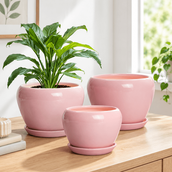 Pink 10+8+6 Inch Ceramic Indoor Plant Pots Set with Drainage Holes and Saucers