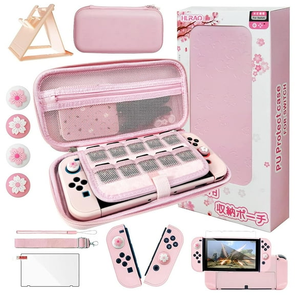Pink 10-in-1 Nintendo Switch OLED Travel Case Kit with Hard Protective Cover, Adjustable Stand, Screen Protector, Sakura Thumb Grips & Game Storage