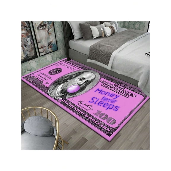Pink 100 Dollar Bill Printed Area Rug, Plush Thickened Bedroom Living Room Decor, Non-Slip Backing