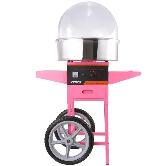 Pink 1000W Commercial Cotton Candy Machine Cart with Bubble Cover Stainless Steel Bowl Sugar Scoop and Drawer for Home Kids Birthday Family Party
