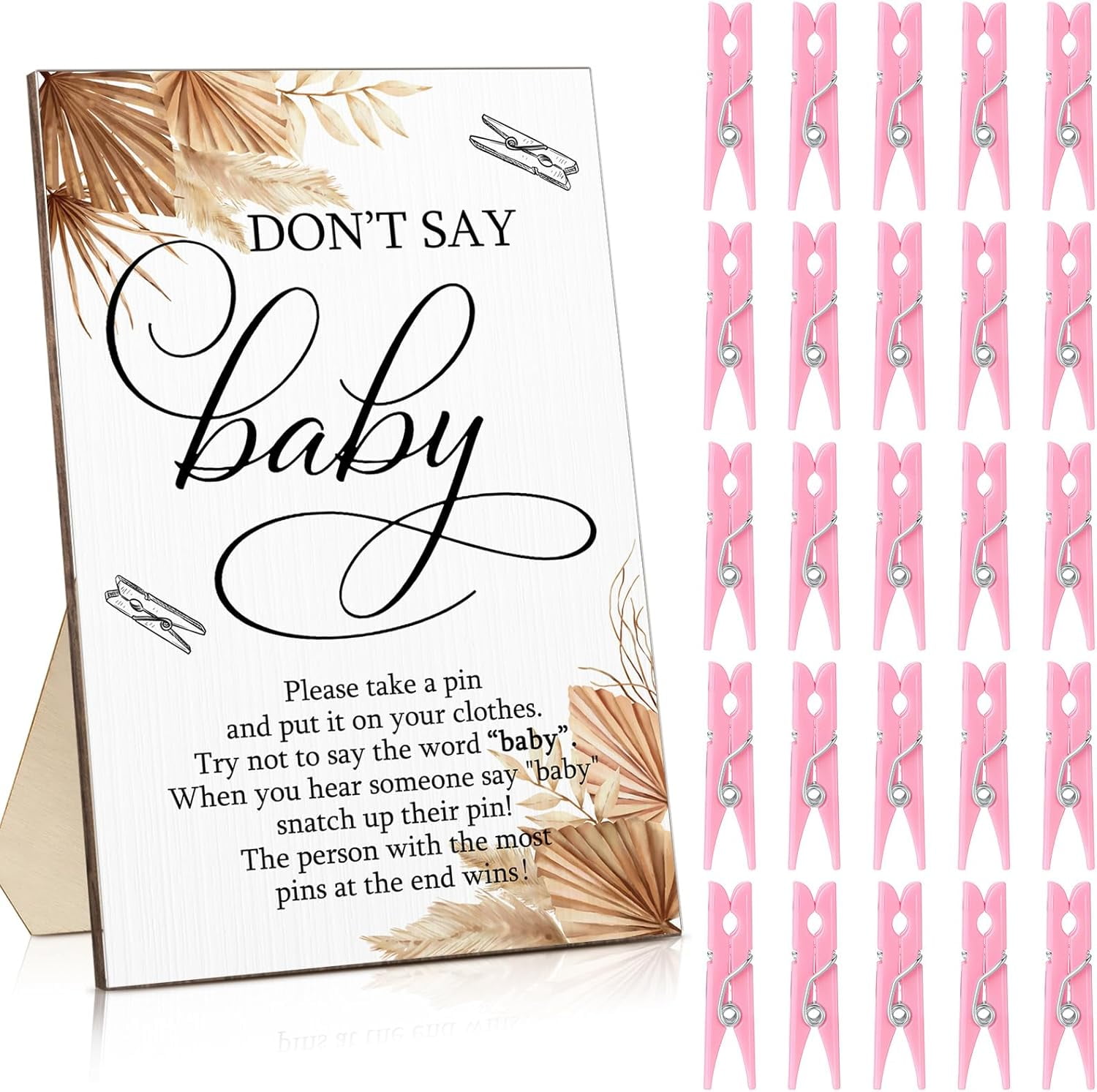 321 Pcs Donut Baby Shower Game Set - Don't Say Baby Sign, 250 Cards, 50 Clothespins, 20 Pencils, Pink Sprinkle Theme