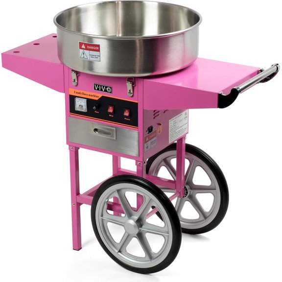 Pink 1030W Electric Cotton Candy Machine Cart, Mobile Rolling Candy Floss Maker with 20 inch Stainless Steel Bowl Sugar Scoop and Drawer, Easy Home or Commercial Use