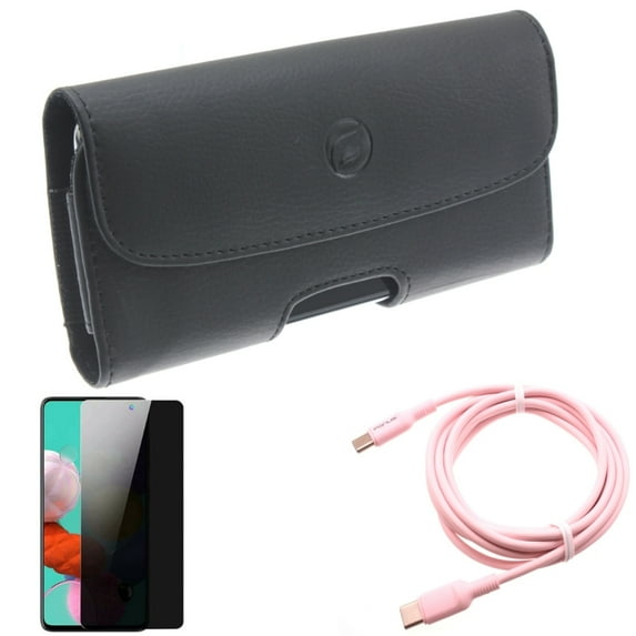Pink 10ft Long Cable & Case Belt Clip & Privacy Screen Protector for Samsung Galaxy S20 Fan Edition - USB-C to Type-C PD Fast Charger + Leather Holster + Tempered Glass Anti-Spy Combo