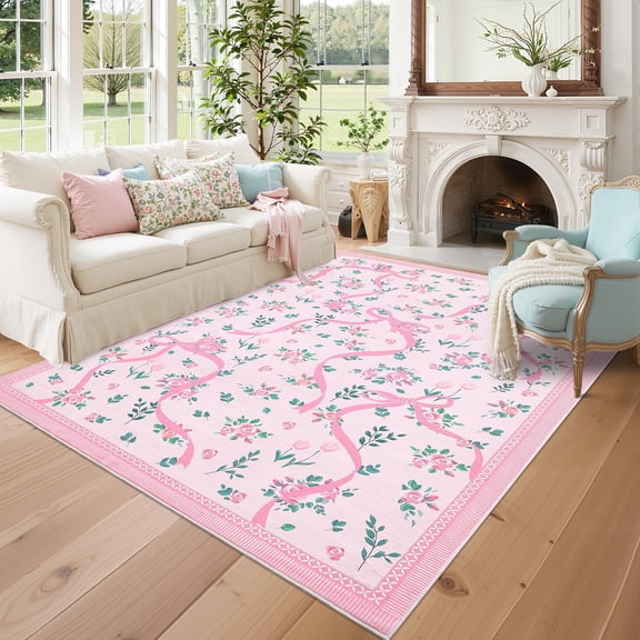 Pink 10x13 Rug for Living Room Large Washable Area Rug Non-Slip Ultra-Thin Cute Floral Mat for Girls Room Nusery Playroom Dining Room Soft Botanical Print Indoor Carpet for Dining Room Bedroom