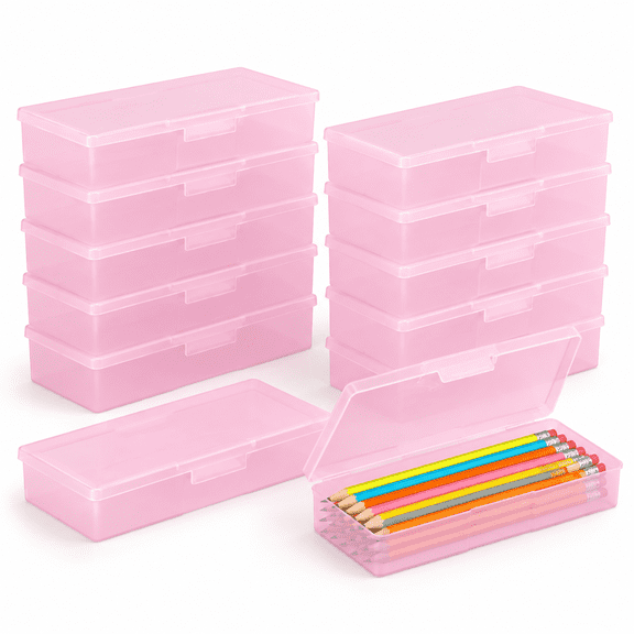 Pink 12 Pack Large Capacity Plastic Pencil Box Stackable Office Supply Storage Case