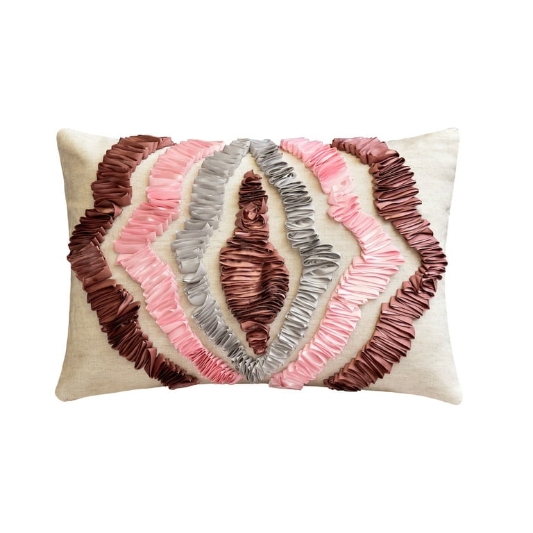 Pink 12x26 (30x65 cm) Lumbar Pillow Cover, Linen Ribbon Embroidery Oblong  Pillow, Abstract Pattern Modern Style - Begonia