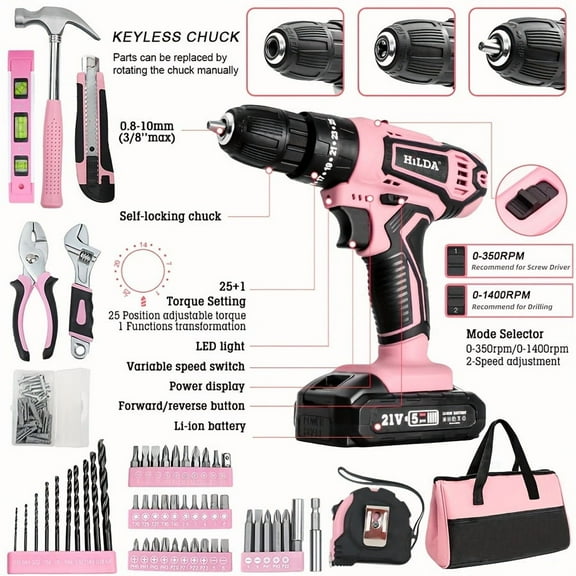 Pink 12V/21V Cordless Drill Kit - 2-Speed, 25+1 Torque, 3/8" Keyless Chuck, LED - with Battery, Charger, Plastic Box/Cloth Bag - Also Available in Yellow/Blue