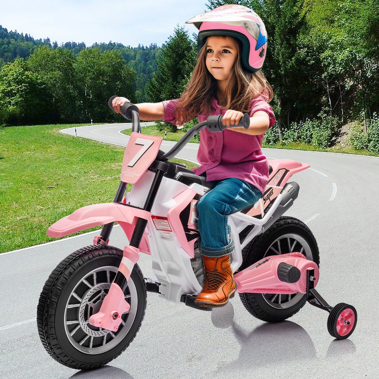 Pink 12V Kids Ride On Motorcycle Dirt Bikes with Training Wheels, Spring Suspension