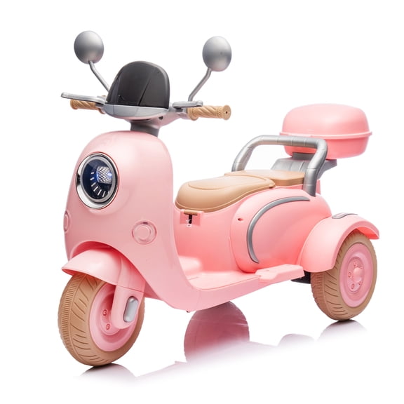 Pink 12V Two-seater Three-wheel Kids Ride On Electric Motorcycle Level Up Two Motors Music Bluetooth USB Backseat Flip Adult Seat LED Headlight for Kids 3-6